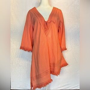 Soft Surroundings Coral Orange Fringed Boho Diagonal Hem Cotton & Lace Top MP